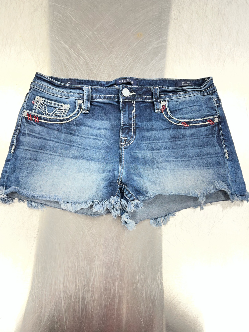 Vigoss Light Blue Patriotic American Flag Distressed Denim Shorts Women’s 16